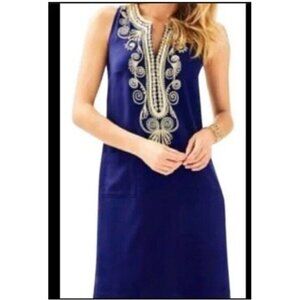 Lilly Pulitzer Sz 0 Mini Dress Blue Gold Embroidered Sleeveless Vneck